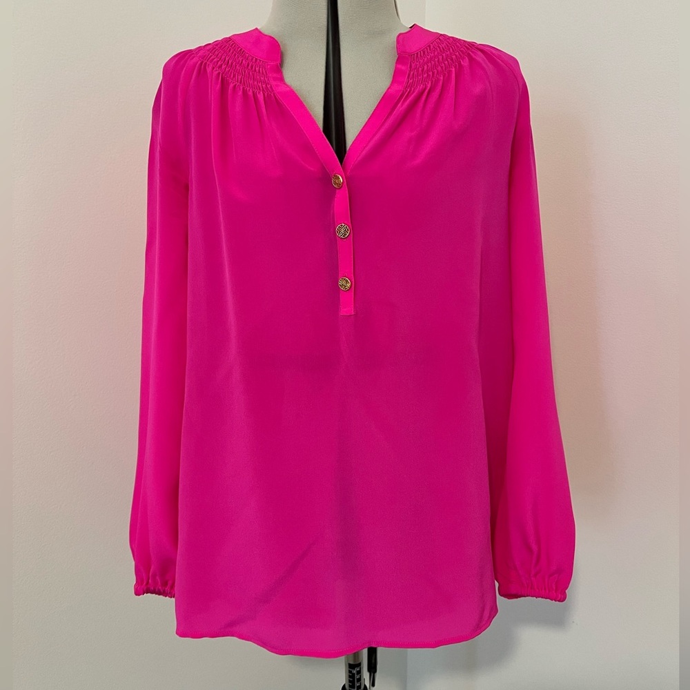 Lilly Pulitzer 100% Silk Elsa Blouse in Passion Fruit Pink XXS